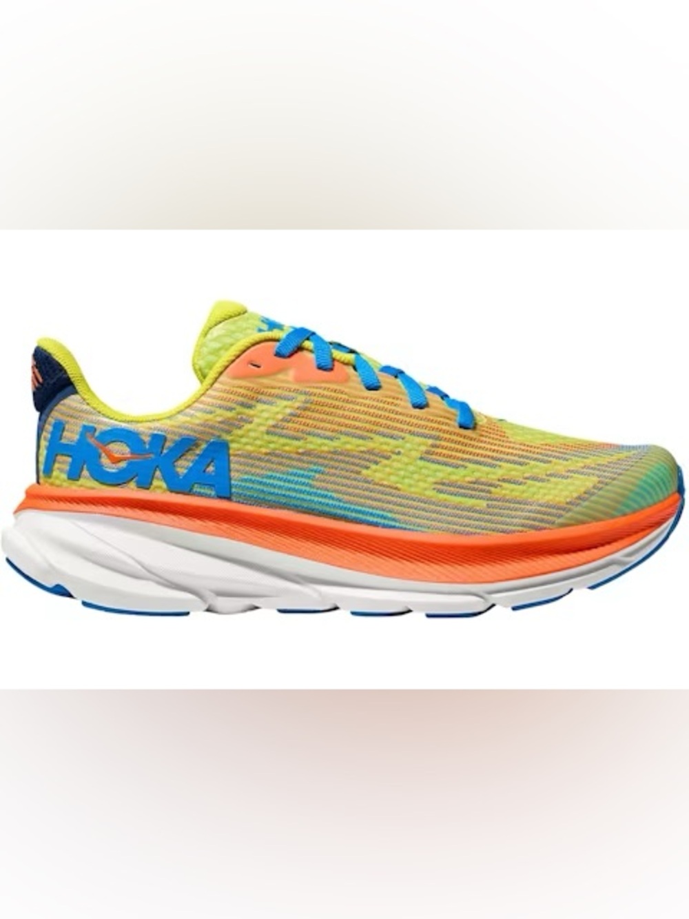Hoka One One Clifton 9 Women's Running Shoe in Neon Yellow, Orange & Blue